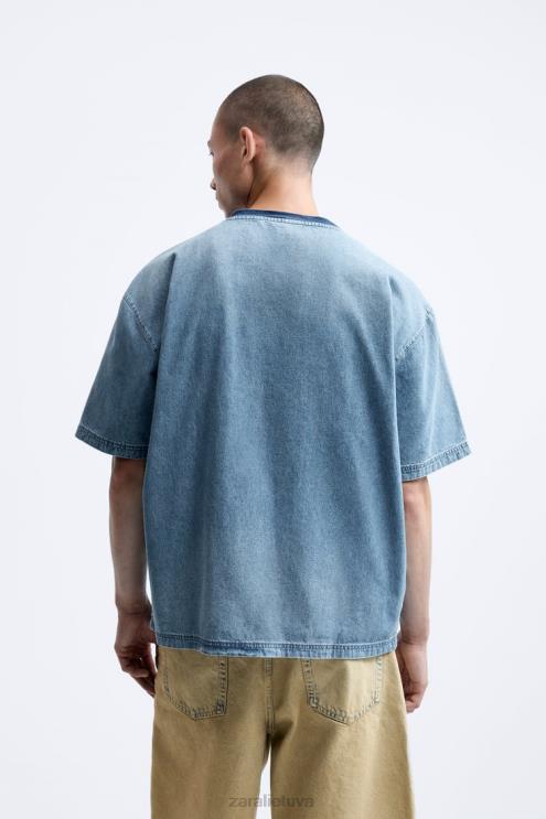 vyrų Zara vintažiniai skalbiami džinsiniai marškinėliai mėlyna apranga 4N4881065