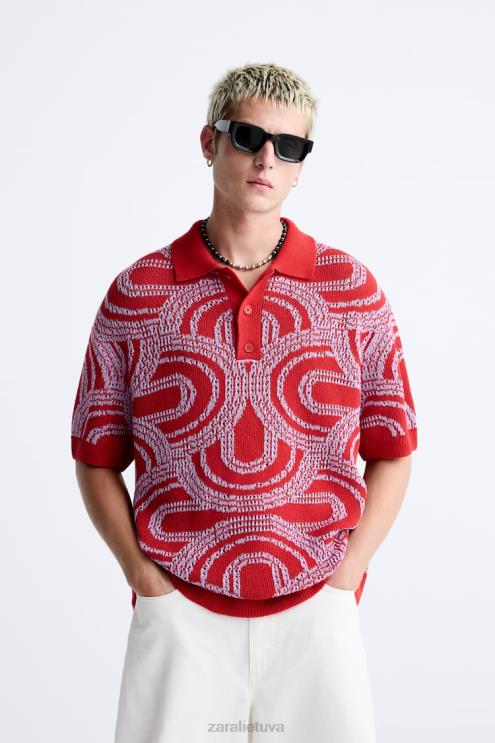vyrų Zara bangos žakardo megztas polo raudona apranga 4N4881224