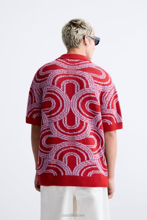vyrų Zara bangos žakardo megztas polo raudona apranga 4N4881224