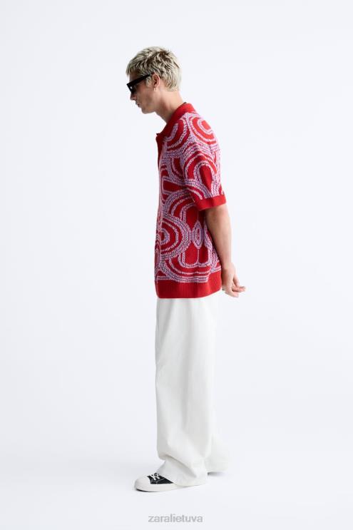 vyrų Zara bangos žakardo megztas polo raudona apranga 4N4881224