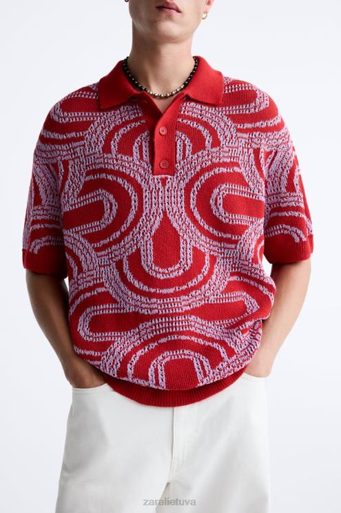 vyrų Zara bangos žakardo megztas polo raudona apranga 4N4881224