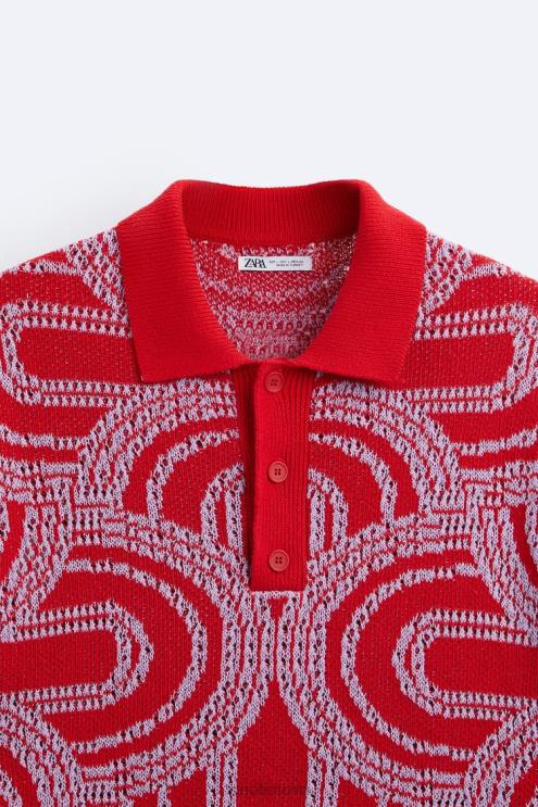 vyrų Zara bangos žakardo megztas polo raudona apranga 4N4881224
