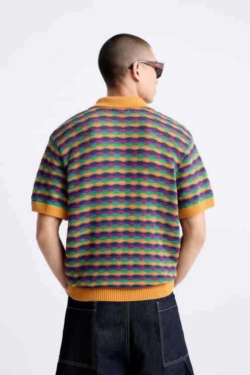 vyrų Zara geometrinės tekstūros megztas polo tamsiai mėlyna apranga 4N4881226