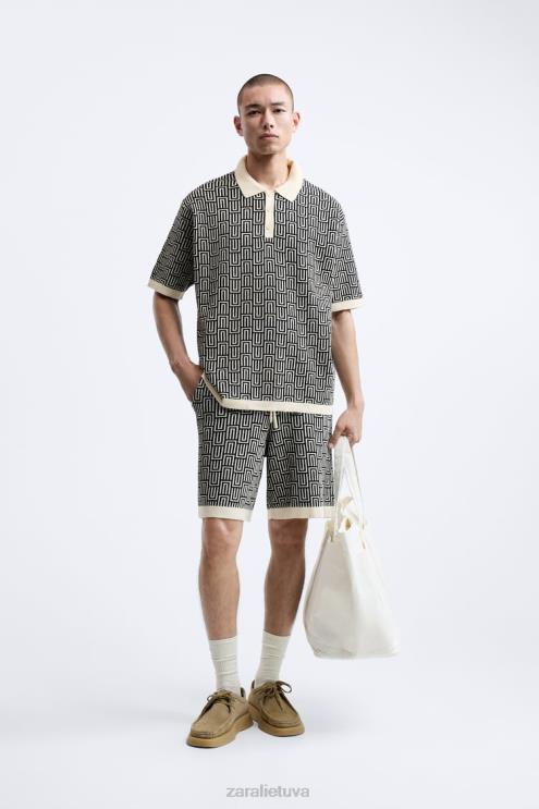 vyrų Zara geometrinio trikotažo žakardo polo megztinis ekru apranga 4N4881225