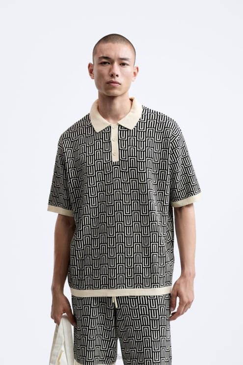 vyrų Zara geometrinio trikotažo žakardo polo megztinis ekru apranga 4N4881225