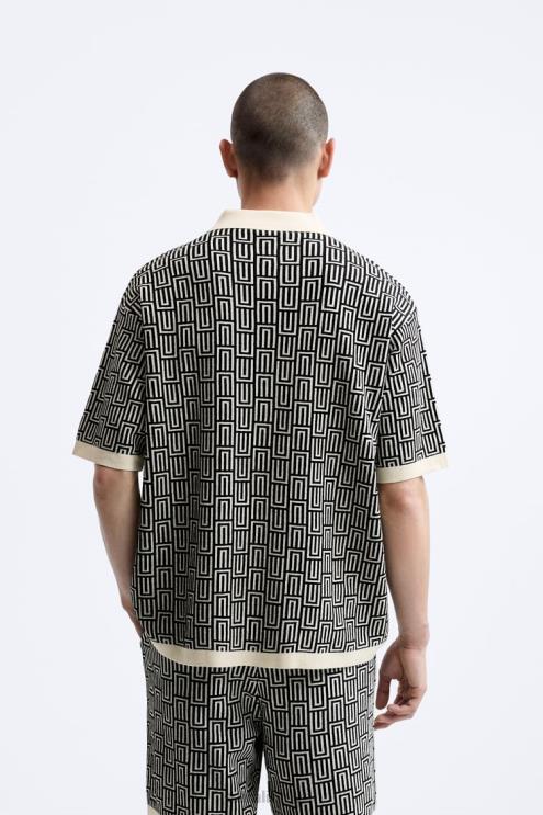 vyrų Zara geometrinio trikotažo žakardo polo megztinis ekru apranga 4N4881225