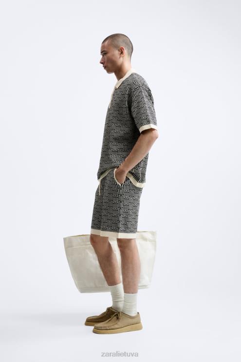 vyrų Zara geometrinio trikotažo žakardo polo megztinis ekru apranga 4N4881225