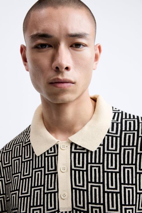 vyrų Zara geometrinio trikotažo žakardo polo megztinis ekru apranga 4N4881225