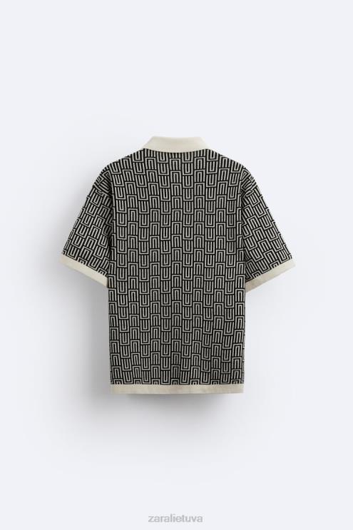 vyrų Zara geometrinio trikotažo žakardo polo megztinis ekru apranga 4N4881225