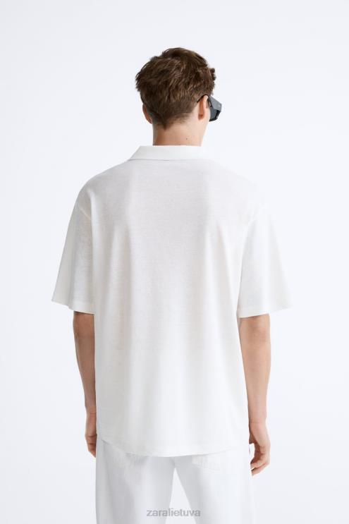 vyrų Zara lininės medvilnės mišinio polo austrių baltumo apranga 4N4881221