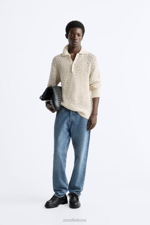 vyrų Zara tekstūruotos nertos megztos polo ekru apranga 4N4881234