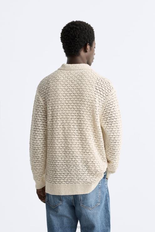 vyrų Zara tekstūruotos nertos megztos polo ekru apranga 4N4881234