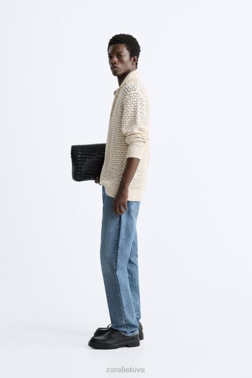vyrų Zara tekstūruotos nertos megztos polo ekru apranga 4N4881234