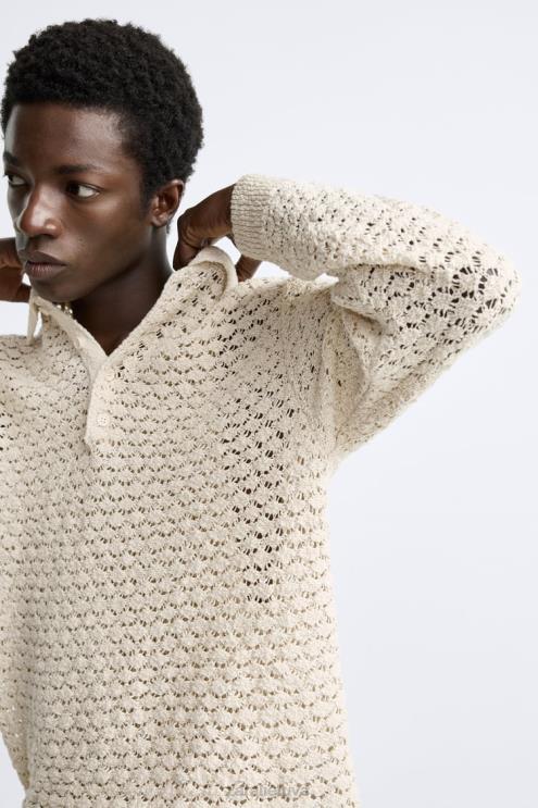 vyrų Zara tekstūruotos nertos megztos polo ekru apranga 4N4881234