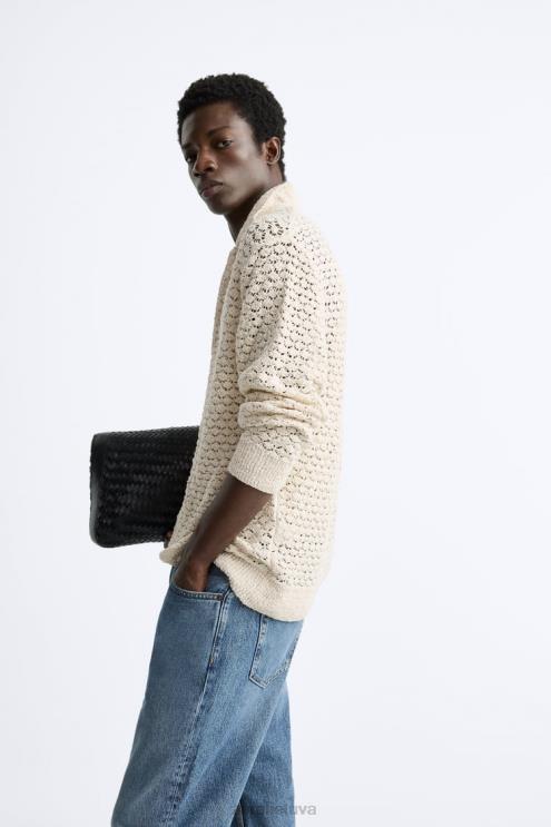 vyrų Zara tekstūruotos nertos megztos polo ekru apranga 4N4881234