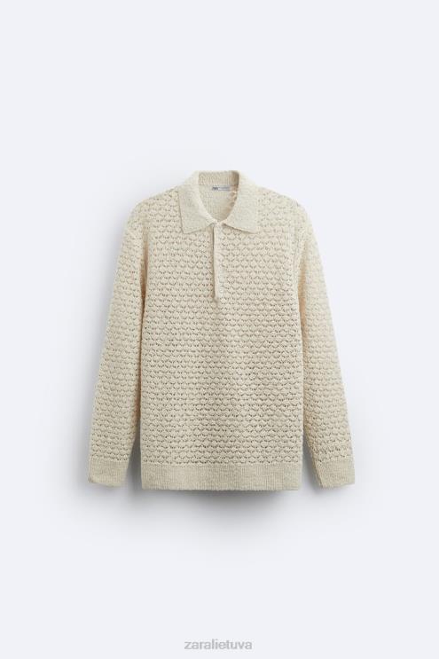 vyrų Zara tekstūruotos nertos megztos polo ekru apranga 4N4881234