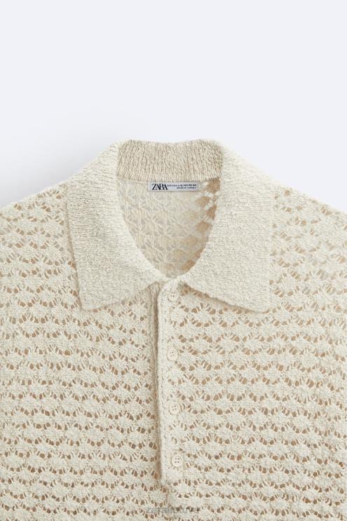 vyrų Zara tekstūruotos nertos megztos polo ekru apranga 4N4881234