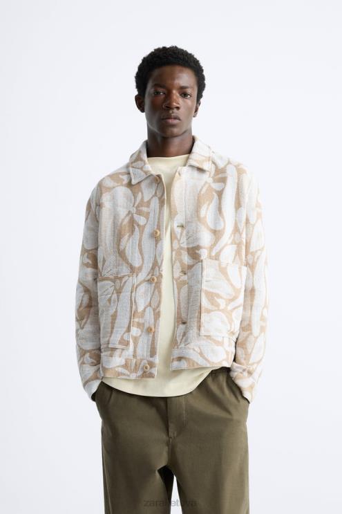 vyrų Zara gėlėta žakardo striukė smėlio spalvos apranga 4N4881116