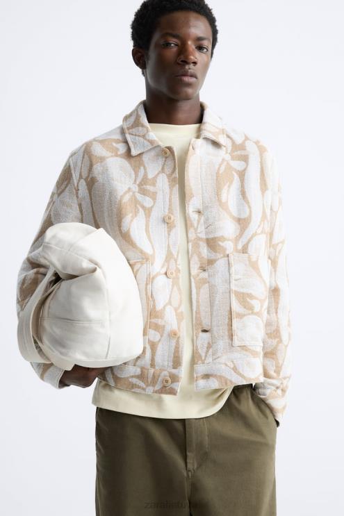 vyrų Zara gėlėta žakardo striukė smėlio spalvos apranga 4N4881116