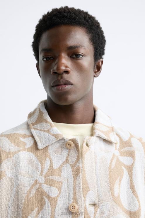 vyrų Zara gėlėta žakardo striukė smėlio spalvos apranga 4N4881116