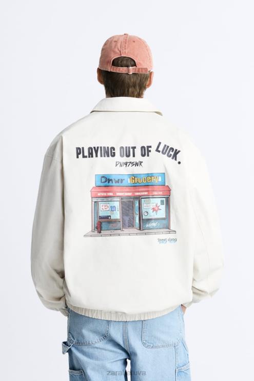 vyrų Zara kombinuoto rašto striukė austrių baltumo apranga 4N4881130