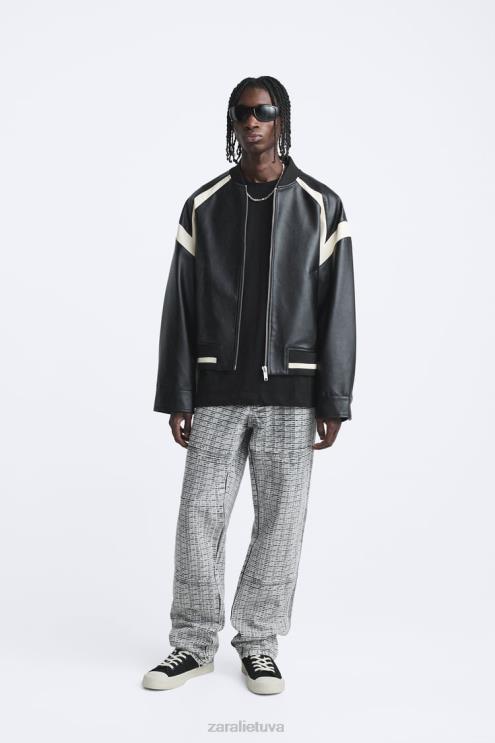 vyrų Zara kontrastinga dirbtinės odos bomber striukė juodas apranga 4N4881110
