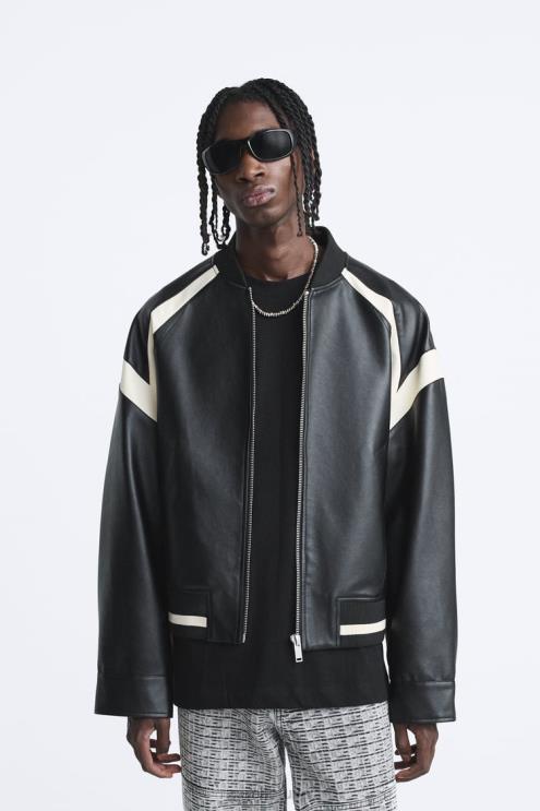 vyrų Zara kontrastinga dirbtinės odos bomber striukė juodas apranga 4N4881110