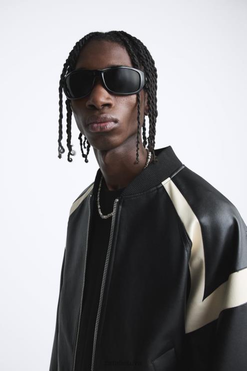 vyrų Zara kontrastinga dirbtinės odos bomber striukė juodas apranga 4N4881110