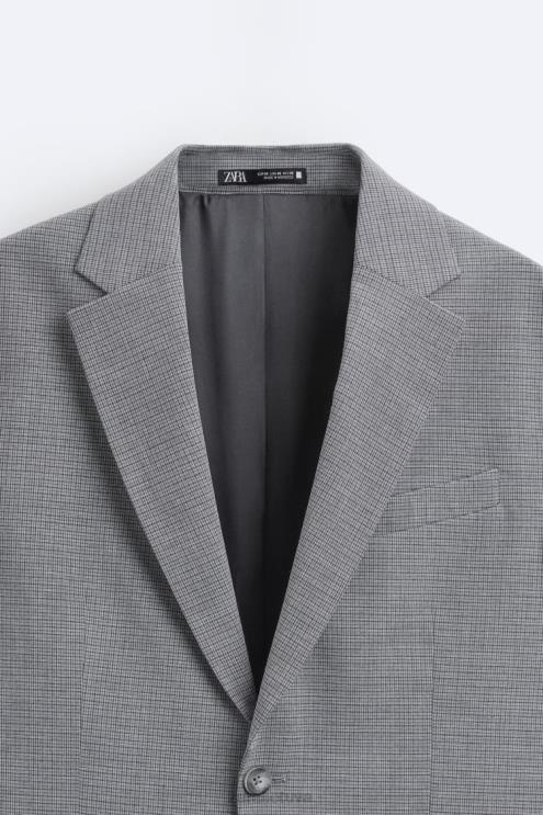 vyrų Zara kvadratinės tekstūros kostiuminis švarkas pilka apranga 4N4881138